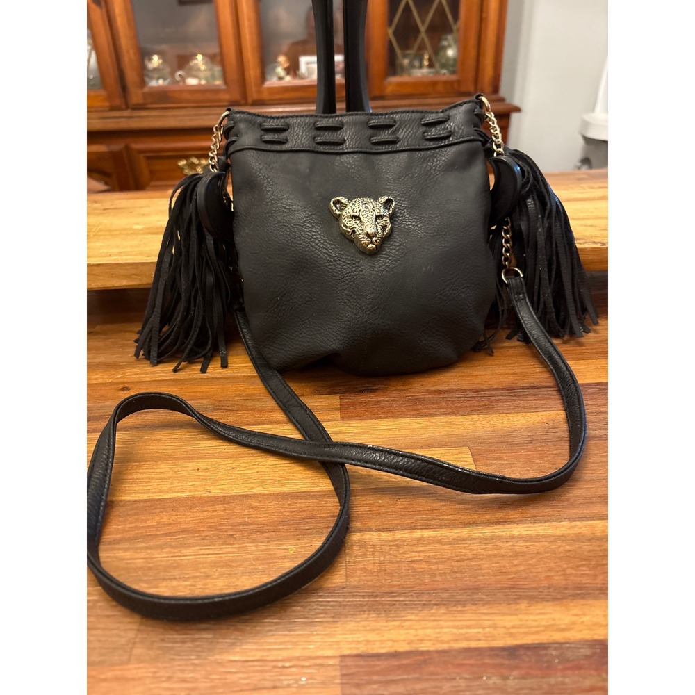 Unbranded Crossbody Bag Womens Small Black Excellent Leopard Fringe Boho